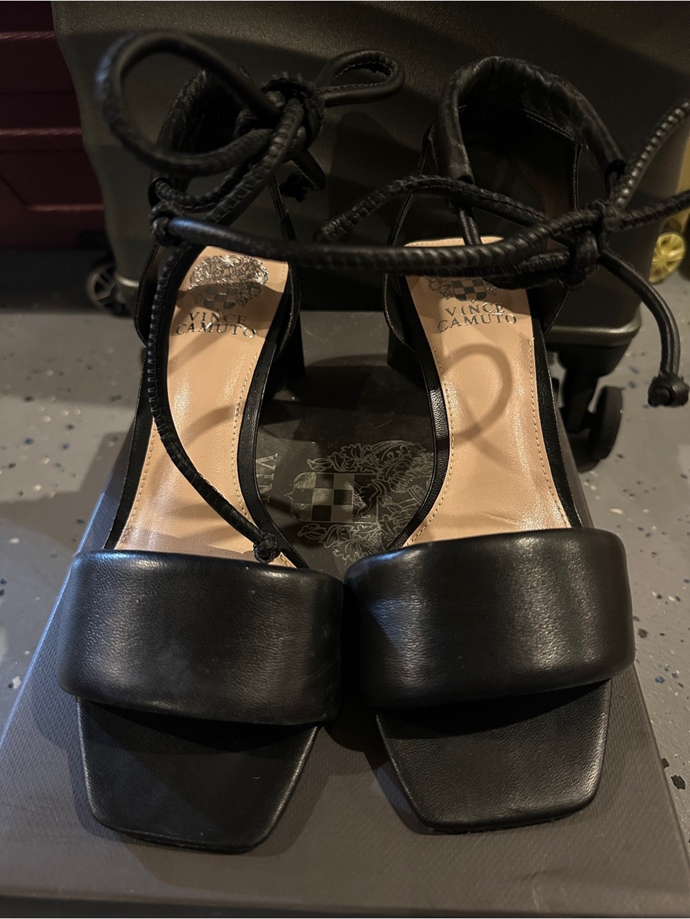 Vince Camuto Black Leather Lace-Up Block Heel Sandals